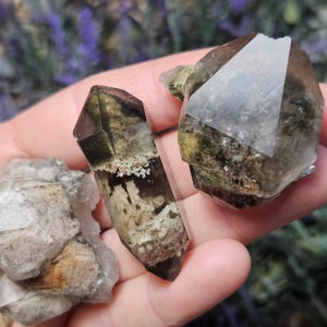 May include: A collection of raw, natural crystals in varying shapes and sizes. The crystals display a range of colors, including clear, brown, and green, with unique patterns and textures. The crystals are held in a hand, showcasing their natural beauty.
