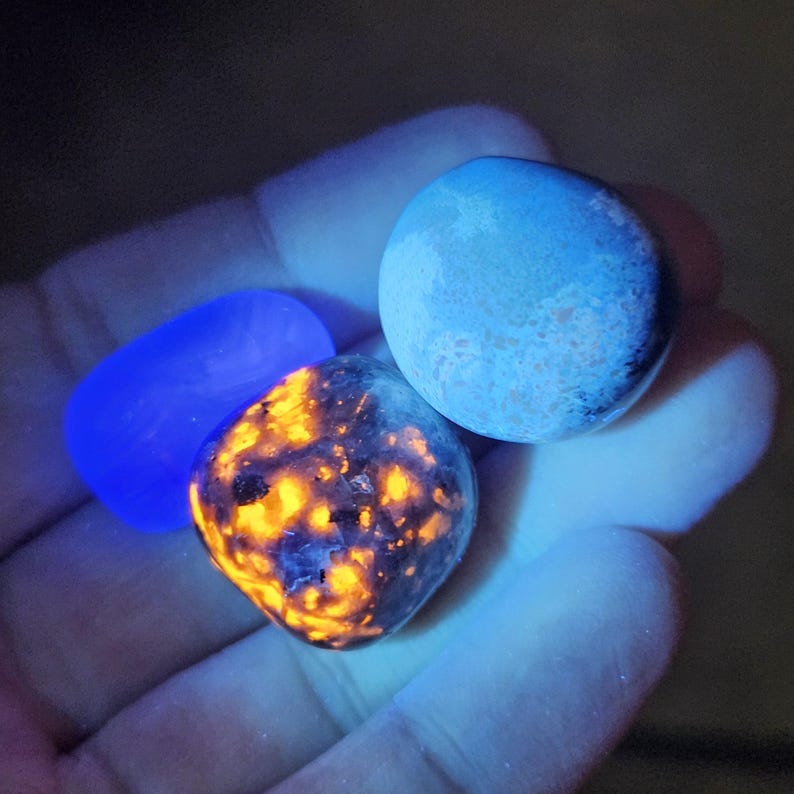May include: A hand holds four glowing rocks under a black light. The rocks are various shapes and colors, including blue, orange, and yellow. The rocks appear to be minerals or gemstones.