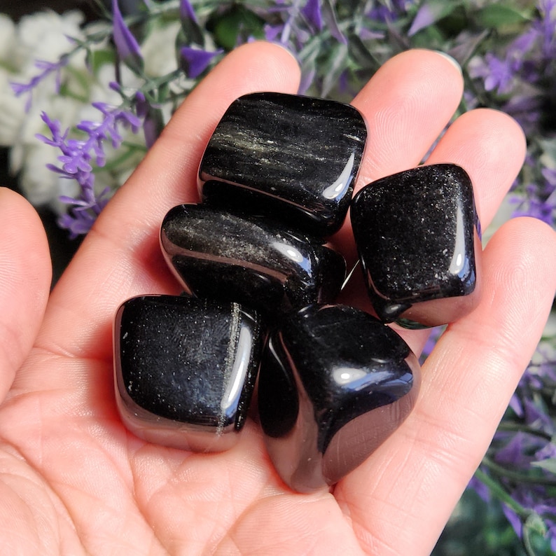May include: Five polished black stones with a smooth, glossy finish and subtle linear textures. The stones are irregular in shape, featuring deep black tones with faint reflective highlights across their surfaces, showcasing a natural, dark appearance.