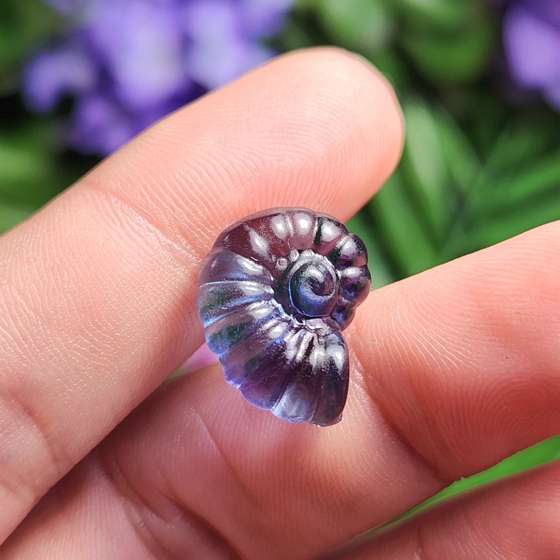 Peut inclure: Petite sculpture en forme de coquillage iris&eacute; violet. La coquille en spirale pr&eacute;sente une surface textur&eacute;e et d&eacute;taill&eacute;e avec des reflets bleus et verts. La sculpture est tenue entre deux doigts, avec un arri&egrave;re-plan floral flou.