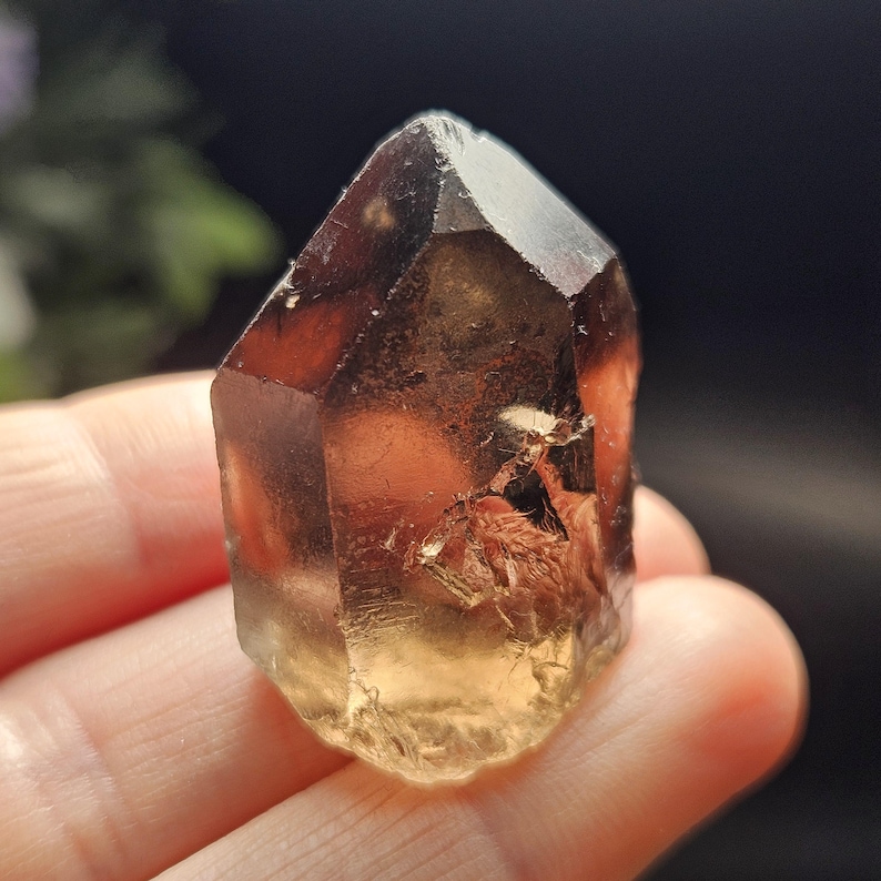 Puede incluir: Un cristal de cuarzo marr&oacute;n facetado con una punta. El cristal tiene un degradado de colores, que va del marr&oacute;n oscuro en la parte superior a un marr&oacute;n dorado m&aacute;s claro en la base. El cristal est&aacute; sostenido en la mano de una persona.