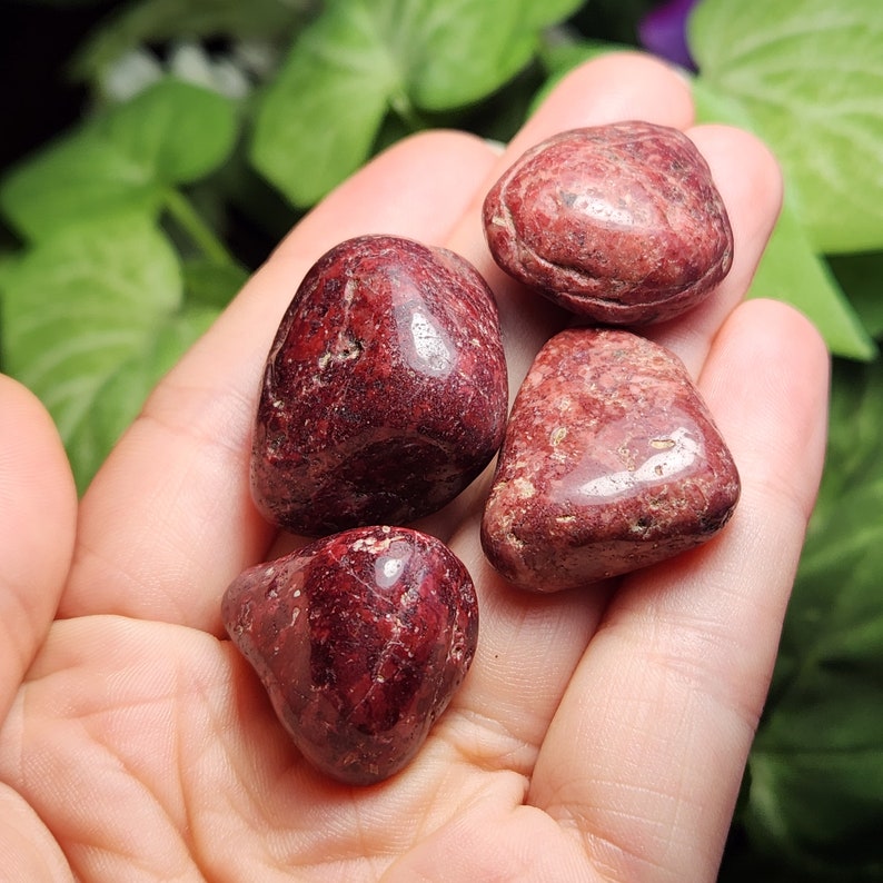 May include: Four smooth, red jasper tumbled stones with a deep, rich color. The stones are various sizes and shapes, and have a polished, glossy finish.
