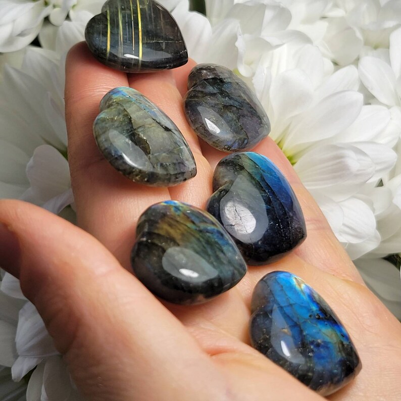 May include: Six heart-shaped labradorite crystals, each with a unique iridescent sheen, ranging from deep blue to green and gold.