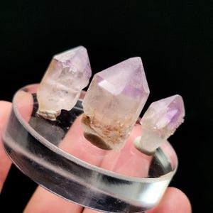 Puede incluir: Tres grupos de cristales de amatista sobre un soporte circular transparente. Los cristales son transl&uacute;cidos con puntas moradas y una base marr&oacute;n claro. El soporte est&aacute; sostenido por una mano sobre un fondo negro.