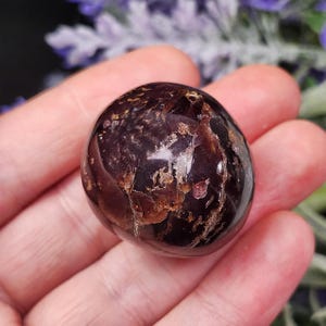 May include: A polished, dark burgundy gemstone with a rounded shape. The stone has a glossy surface with lighter brown and gold inclusions, held in an open hand. The background features blurred purple flowers.