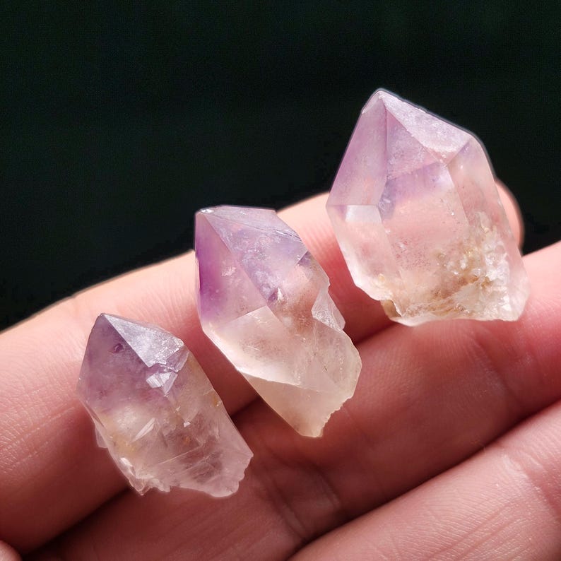 Puede incluir: Tres puntas de cristal de amatista, que van del p&uacute;rpura al claro. Los cristales se sostienen en una mano, mostrando su forma natural y tosca. Los cristales son transl&uacute;cidos, con estructuras internas visibles.