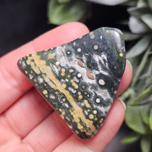 May include: A polished, triangular-shaped gemstone with a unique pattern. The stone features a dark green base color with yellow, white, and brown spots and streaks. The stone is held in a hand, with a blurred green background.