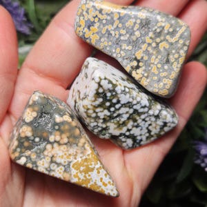 Puede incluir: Tres piedras pulidas con patrones distintos. Una piedra presenta una base gris con puntos circulares amarillos. Otra es blanca con puntos verde oscuro. La tercera piedra muestra una mezcla de patrones circulares grises, blancos y amarillos.