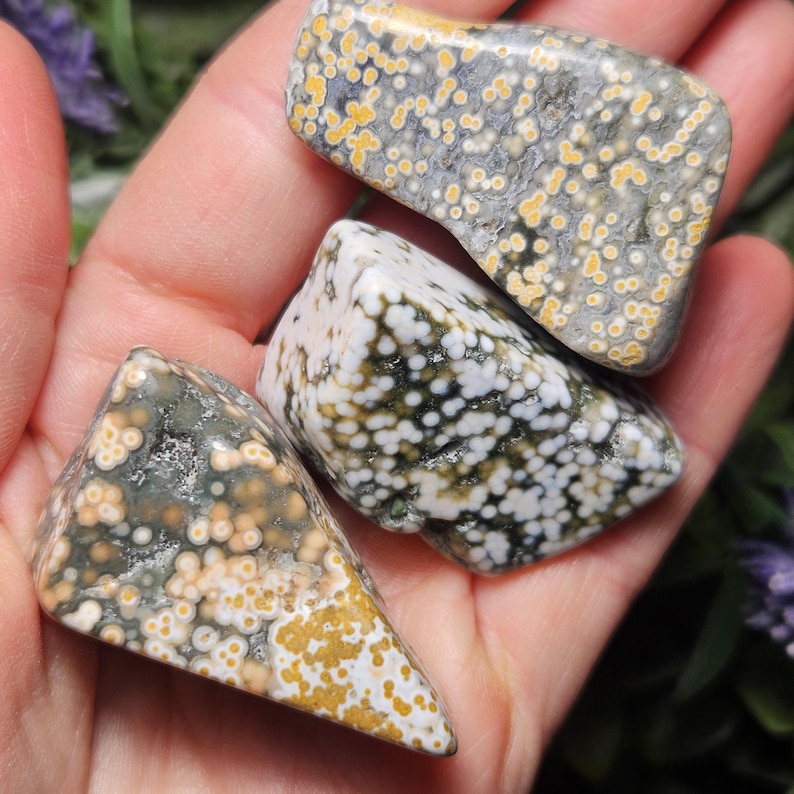 Puede incluir: Tres piedras pulidas con patrones distintos. Una piedra presenta una base gris con puntos circulares amarillos. Otra es blanca con puntos verde oscuro. La tercera piedra muestra una mezcla de patrones circulares grises, blancos y amarillos.