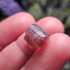 May include: A small, translucent, reddish-brown gemstone with visible striations. The crystal is held between fingers, showcasing its natural, unpolished form. The gem's color ranges from light to dark brown, with a subtle sheen.