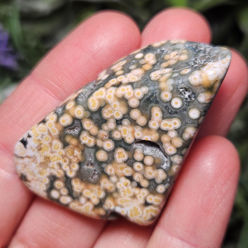 Puede incluir: Una piedra de jaspe oce&aacute;nico pulida que presenta una base de color gris oscuro con numerosos patrones circulares en tonos crema, blanco y amarillo mostaza. La piedra tiene una forma triangular irregular, lisa y redondeada con acabado brillante.