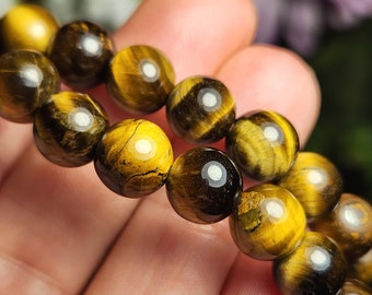 Polished Tigers Eye Bracelet: 8mm Crystal Stone Bead Jewelry