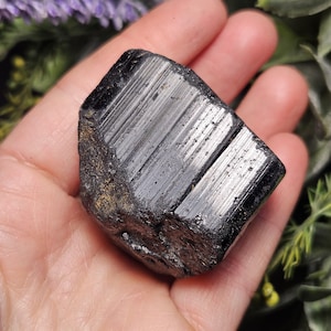 Peut inclure: Un cristal de tourmaline noire brute pr&eacute;sentant une couleur noire profonde avec une surface brillante et r&eacute;fl&eacute;chissante. La pierre affiche des stries verticales marqu&eacute;es sur toute sa longueur, avec une base rugueuse et textur&eacute;e.