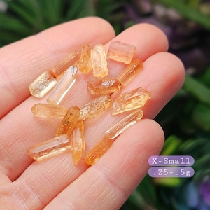 May include: A collection of small, translucent, orange-toned crystal shards with elongated, prismatic shapes. A purple graphic overlay in the lower right corner displays the text X-Small .25-.5g, indicating the weight range in grams.