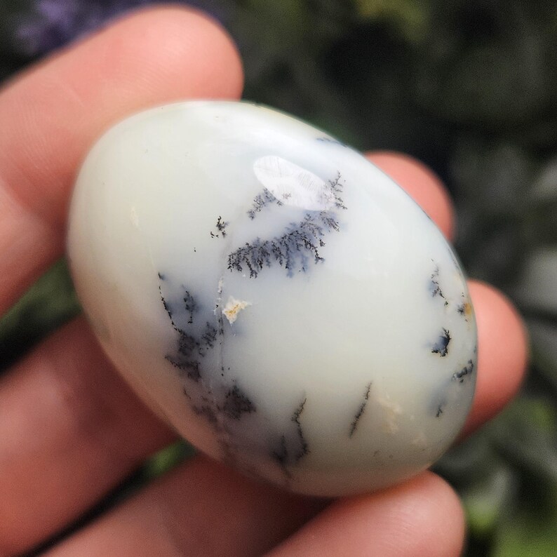 May include: A smooth, polished, oval-shaped dendritic agate stone with a creamy off-white base color. The surface features intricate, dark grey to black fern-like inclusions that branch out across the stone, creating a natural, tree-like pattern.