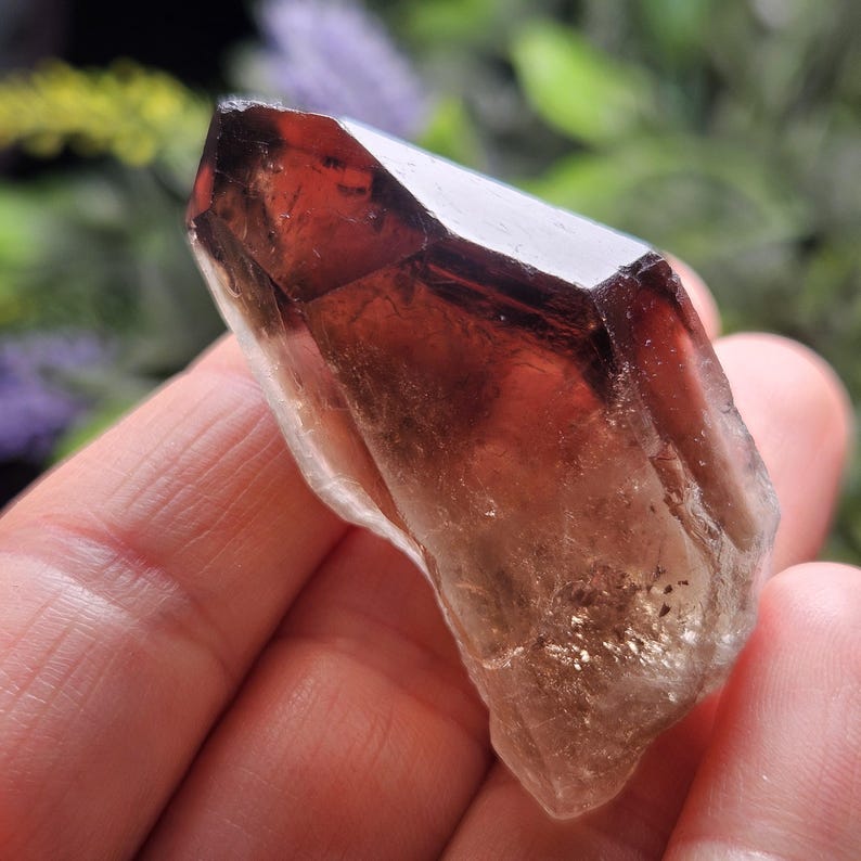 Puede incluir: Un cristal de cuarzo ahumado facetado y transl&uacute;cido. El cristal tiene una punta marr&oacute;n oscuro que se desvanece a un tono marr&oacute;n ahumado m&aacute;s claro. El cristal se sostiene en una mano, con un fondo borroso verde y morado.