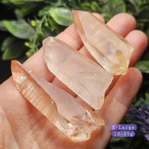 May include: Three clear, elongated quartz crystal points with warm orange and golden inclusions. The crystals are translucent with visible natural facets and sharp terminations. A purple label indicates X-Large size and 18-25g weight.