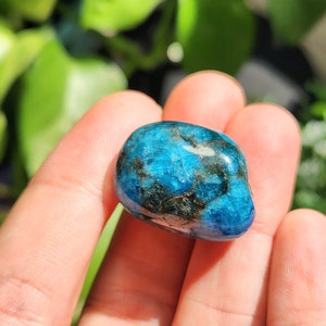 May include: A polished, tumbled blue apatite gemstone with dark inclusions. The stone is held in a hand, with a blurred green background. The apatite has a smooth, rounded shape and a vibrant, ocean-like color.