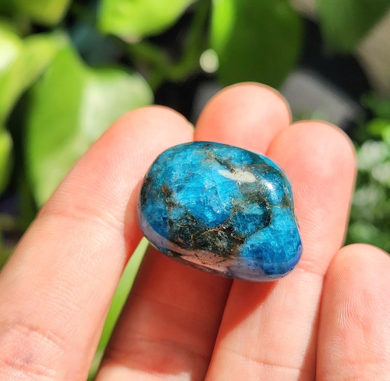 May include: A polished, tumbled blue apatite gemstone with dark inclusions. The stone is held in a hand, with a blurred green background. The apatite has a smooth, rounded shape and a vibrant, ocean-like color.