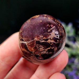 May include: A polished, spherical gemstone in shades of deep purple and brown. The surface has a glossy sheen with natural patterns and inclusions. The gemstone is held in a hand, with a blurred background of greenery.