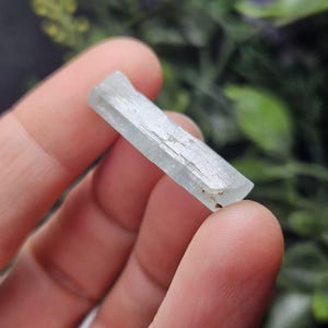 Puede incluir: Cristal de aguamarina azul p&aacute;lido, sostenido entre los dedos. El cristal rectangular tiene estr&iacute;as internas visibles y una textura ligeramente rugosa. Es transl&uacute;cido y refleja la luz. El fondo est&aacute; borroso, con follaje verde y morado. Mide aproximadamente 2 cm.