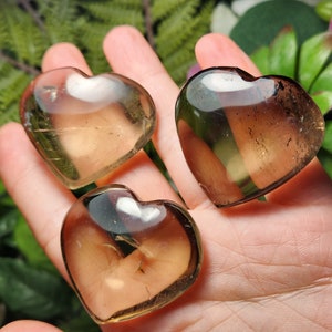 Puede incluir: Tres cristales de cuarzo ahumado en forma de coraz&oacute;n. Los cristales son transparentes y tienen un color marr&oacute;n claro. Est&aacute;n dispuestos en una mano.