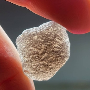 May include: A clear, translucent, irregularly shaped piece of glass with a textured surface. The glass has a light brown hue and appears to be a piece of sea glass.