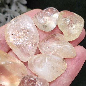 May include: A collection of polished, translucent citrine gemstones in various shapes and sizes. The stones range in color from pale yellow to a golden hue, with some displaying iridescent flashes. The gemstones are held in a hand.
