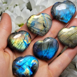 May include: Six heart-shaped labradorite crystals in various shades of blue, green, and gold. The crystals are polished and have a iridescent sheen.