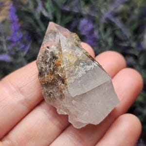 May include: A clear quartz crystal with a pointed tip and a rough, textured base. The crystal has a translucent appearance with areas of brown and orange mineral inclusions. The crystal is held in a hand against a blurred background of purple flowers.