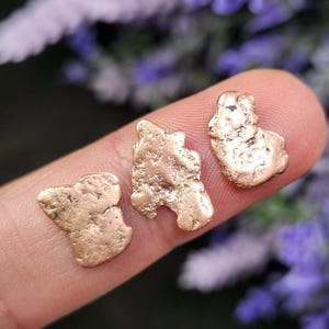 May include: Three small, irregularly shaped gold nuggets with a textured surface. The nuggets are a warm, metallic gold color, and are displayed on a finger against a blurred background of purple flowers.