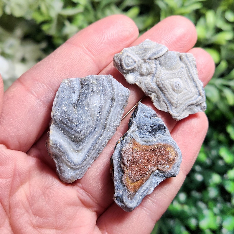 May include: Three agate stones with banded patterns in shades of gray, white, and brown. The stones are irregularly shaped and have a natural, rough texture.