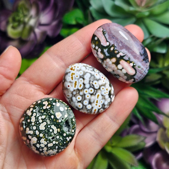 Orbicular Ocean Jasper Palm Stone, Natural Polished Ocean Jasper