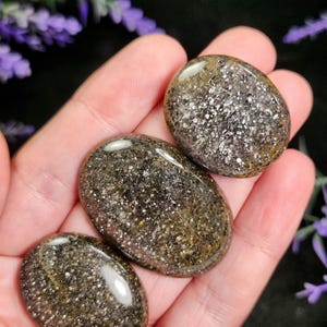 Könnte beinhalten: Drei polierte, oval geformte Steine mit einem gesprenkelten, glitzernden Aussehen. Die Steine werden in einer Hand gehalten, mit einem dunklen Hintergrund und lila Blumen sichtbar. Die Steine haben eine Mischung aus Schwarz-, Silber- und Goldtönen.