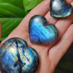 May include: Three heart-shaped labradorite crystals in various shades of blue and green with iridescent shimmer.