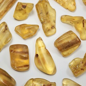 May include: A collection of polished amber pieces in various irregular shapes and sizes. The stones exhibit translucent to opaque golden-yellow and honey-brown hues, with some pieces featuring visible internal inclusions and drilled holes for stringing.