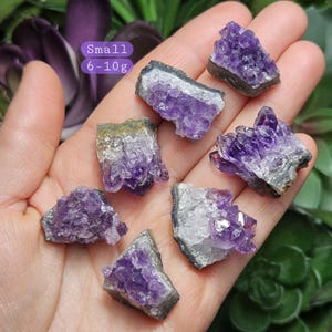 Pode incluir: Uma cole&ccedil;&atilde;o de pequenos aglomerados de cristais de ametista, variando de 6 a 10 gramas. Os aglomerados s&atilde;o de cor roxa intensa e t&ecirc;m uma textura natural e &aacute;spera.  Small 6-10g.