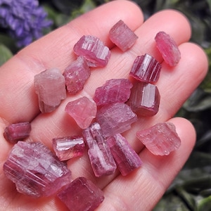May include: A collection of raw, pink tourmaline crystals in varying sizes. The crystals display a range of pink hues, from light to deep rose, with visible natural textures and facets. The gemstones are held in a hand.