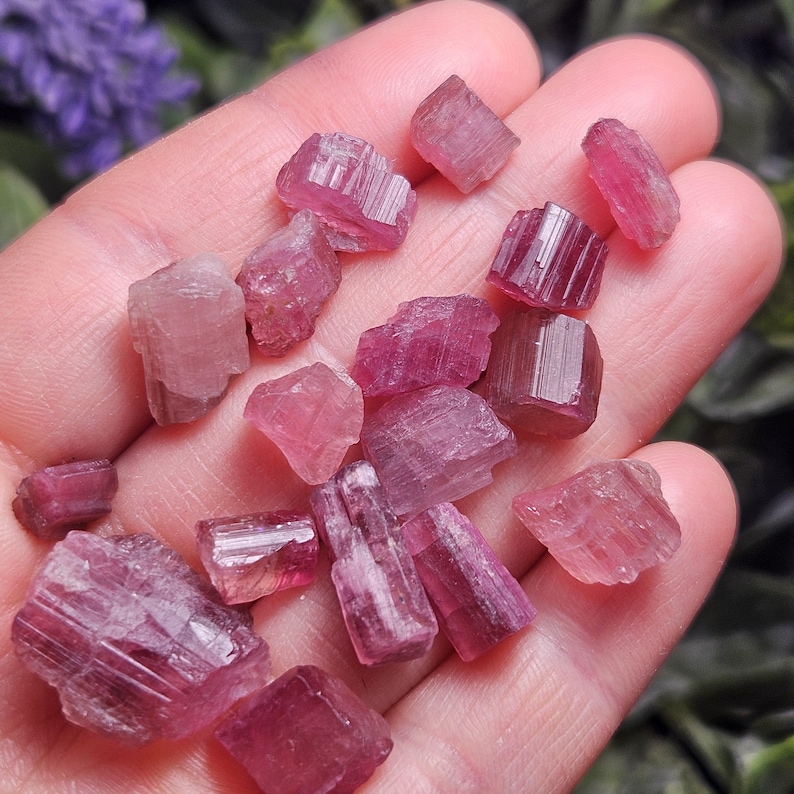 May include: A collection of raw, pink tourmaline crystals in varying sizes. The crystals display a range of pink hues, from light to deep rose, with visible natural textures and facets. The gemstones are held in a hand.
