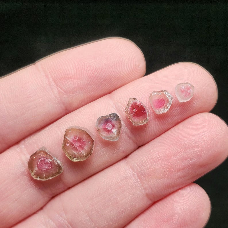 May include: Six small, polished slices of watermelon tourmaline gemstone arranged in a row. Each piece features a vibrant pink centre surrounded by a translucent, pale green or clear outer rim, showcasing a natural, irregular, multi-faceted shape.