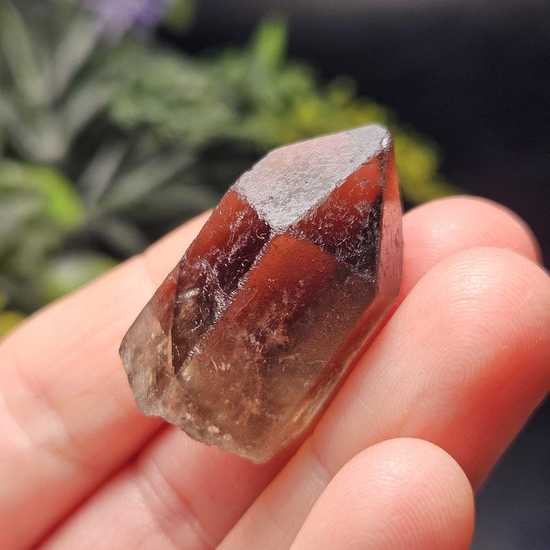 Puede incluir: Cristal facetado de color marr&oacute;n rojizo sostenido en una mano. El cristal tiene una punta y un aspecto transl&uacute;cido, con variaciones de color de marr&oacute;n claro a marr&oacute;n rojizo oscuro. El fondo est&aacute; borroso con follaje verde.