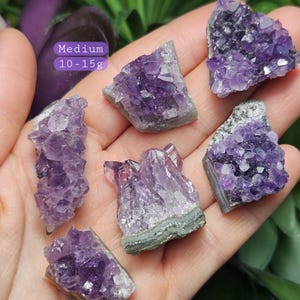 Pode incluir: Seis aglomerados de cristais de ametista de tamanhos e formas variados, variando de 10 a 15 gramas. Os cristais s&atilde;o de cor roxo escuro e t&ecirc;m uma textura natural e &aacute;spera.  M&eacute;dio.
