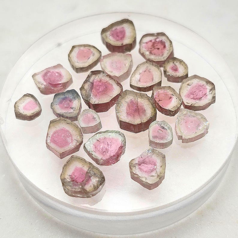 May include: A collection of small, polished watermelon tourmaline slices arranged on a circular surface. Each piece features a vibrant pink centre surrounded by a translucent, light green or colourless outer rim, showcasing natural mineral patterns.