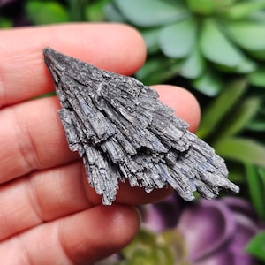 May include: A black and silver crystal cluster with a pointed top, resembling a fan or a tree. The crystal is a natural formation with a rough texture.