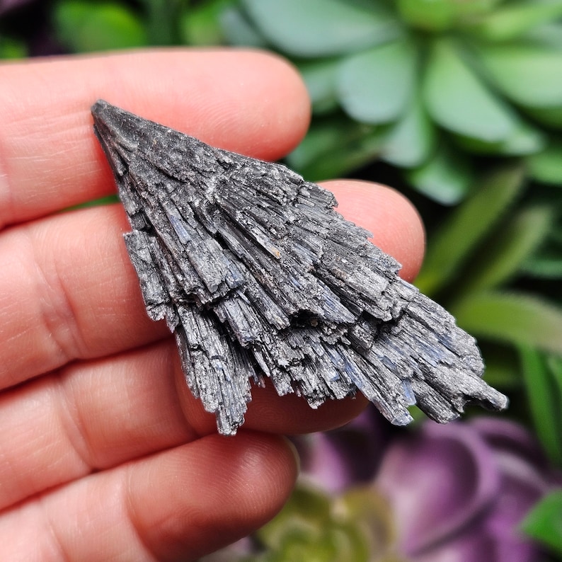 May include: A black and silver crystal cluster with a pointed top, resembling a fan or a tree. The crystal is a natural formation with a rough texture.