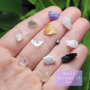 Puede incluir: Una colecci&oacute;n de doce peque&ntilde;os cristales en bruto de varios colores, incluyendo transparente, blanco, negro, amarillo, verde y morado. Los cristales se muestran en una mano, con una etiqueta morada que dice "Small Synergy 12 Set."