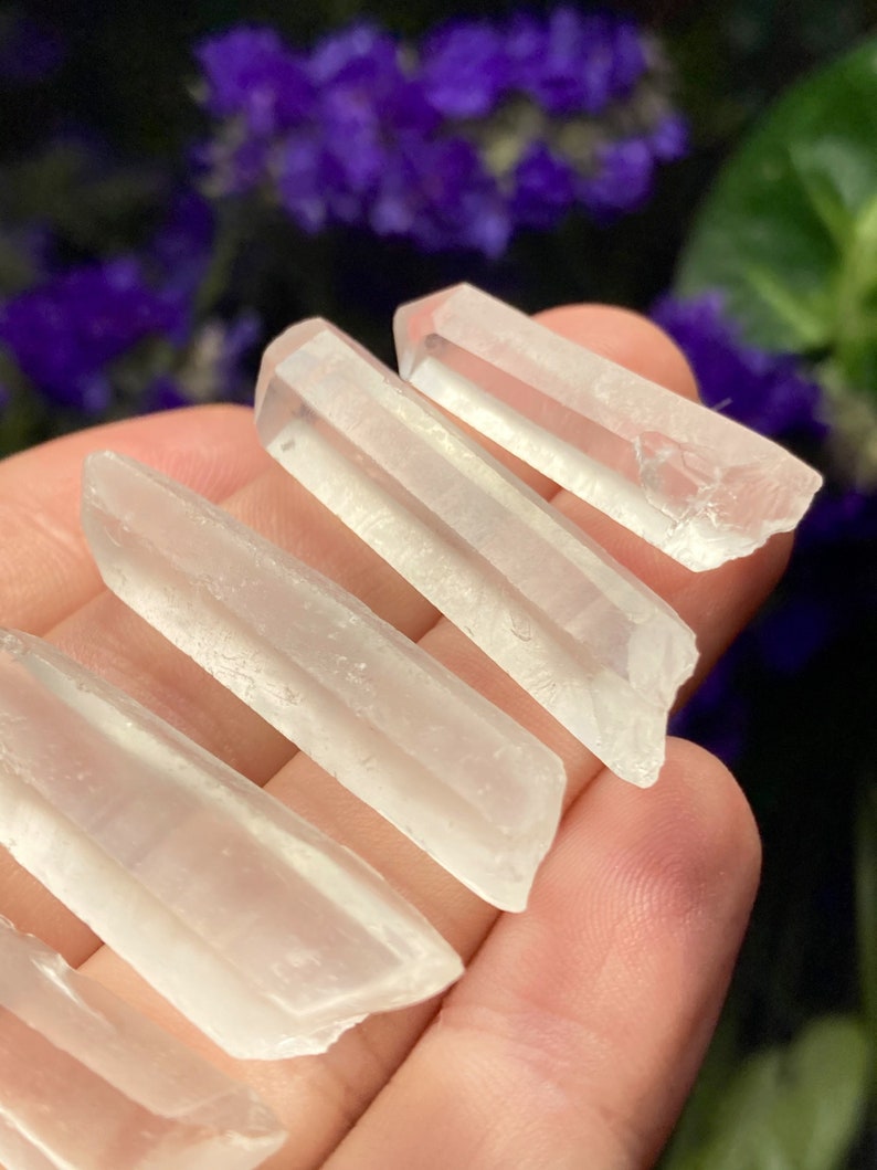 May include: Five clear quartz crystal points, also known as clear quartz wands, are arranged in a row on a hand. The points are smooth and translucent.