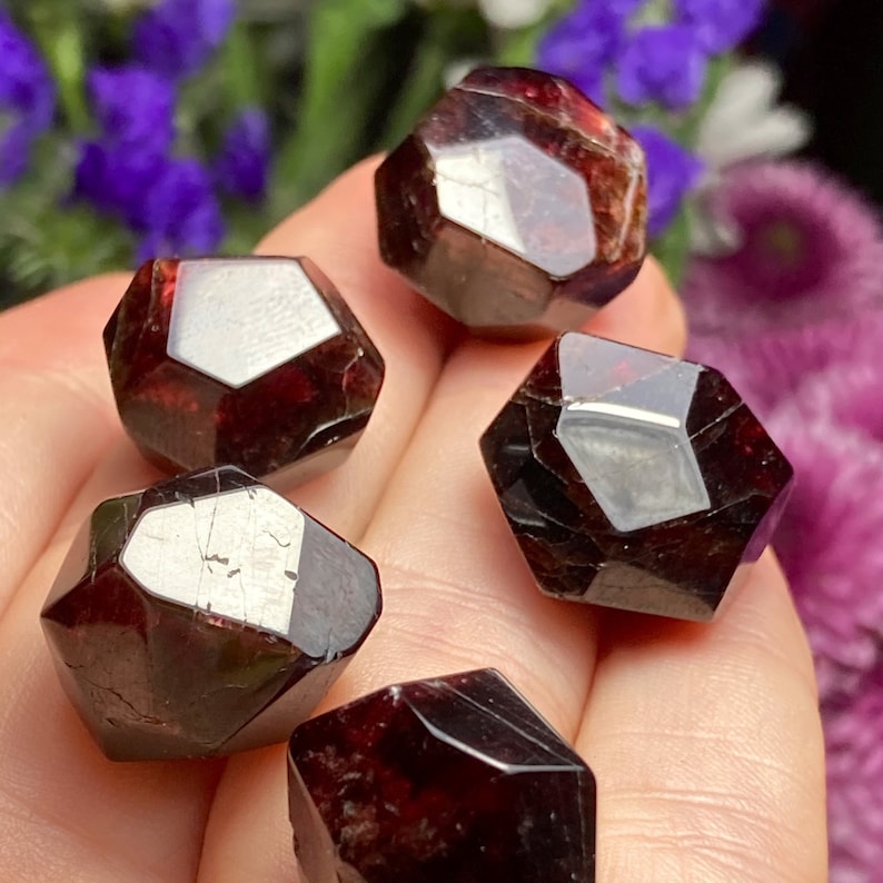 May include: Five dark red garnet crystals, each with a faceted, geometric shape. The crystals are arranged on a hand, with the tips of the crystals pointing towards the camera.