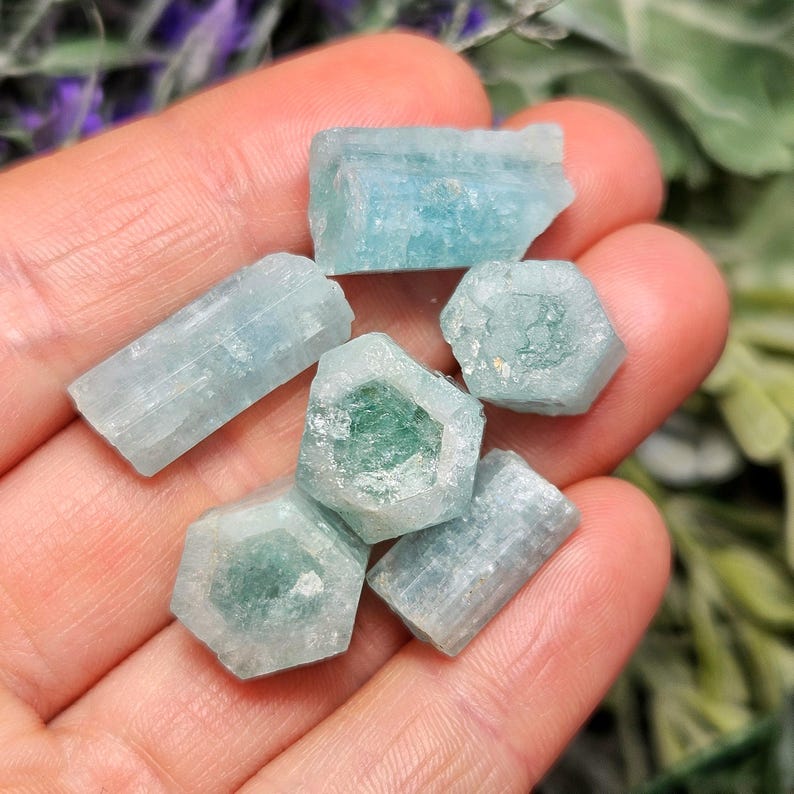 K&ouml;nnte beinhalten: Eine Sammlung roher Aquamarinkristalle in verschiedenen Formen und Gr&ouml;&szlig;en. Die Kristalle zeigen einen blassblau-gr&uuml;nen Farbton, wobei einige ein tieferes gr&uuml;nes Zentrum aufweisen. Die Edelsteine werden in einer Hand gehalten, mit einem verschwommenen Hintergrund aus Gr&uuml;n und lila Blumen.