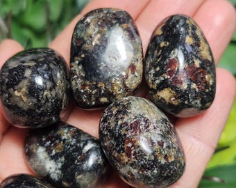 May include: A selection of polished, oval stones. The stones display a dark base colour with speckled patterns of brown, red, and grey. Some stones have a glossy, reflective surface. The stones are held in a hand.